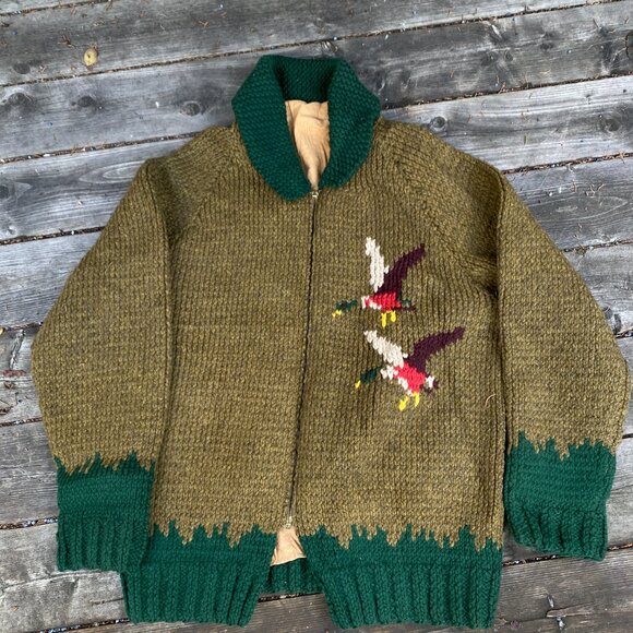 Vintage 1958 Green Goose Cowichan Handmade Woven Wool Jacket Canvas Large Canada - Picture 6 of 16